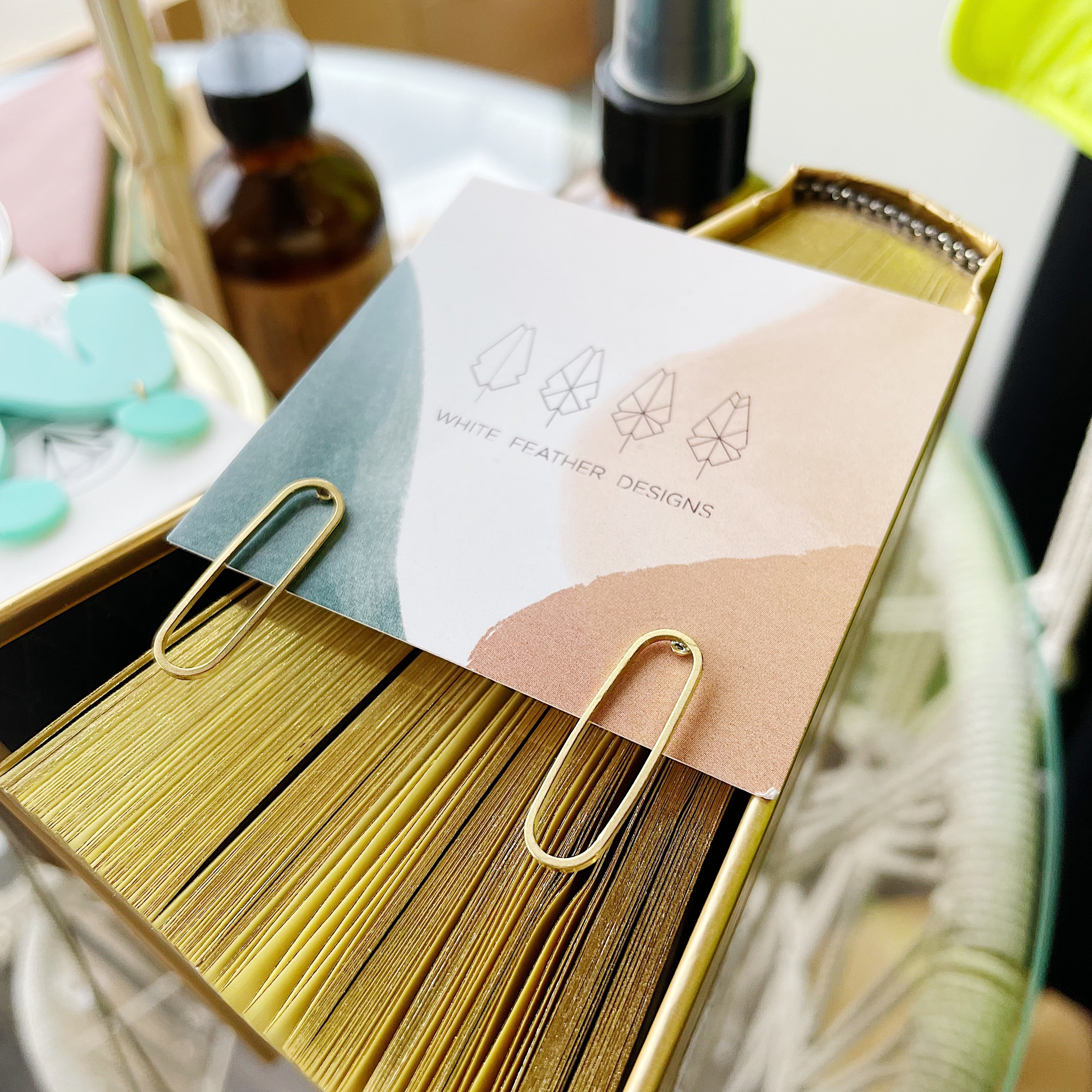 White Feather Design // Brass Elongated Stud Earrings