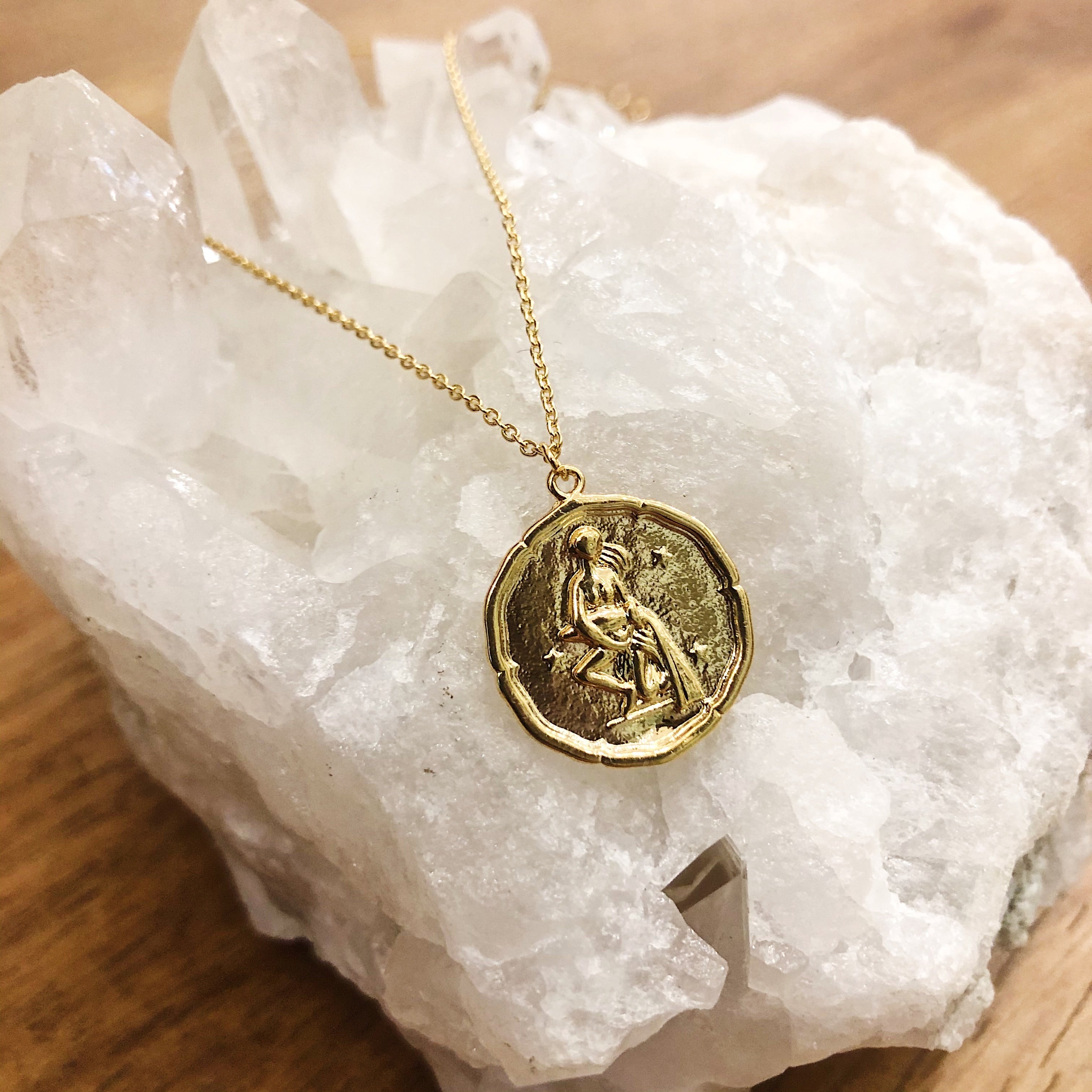 White Feather Design // Zodiac Coin Necklace Aquarius