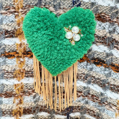 Dora Nola // Hand Tufted Brooch Green/Gold Tassle with Pearl