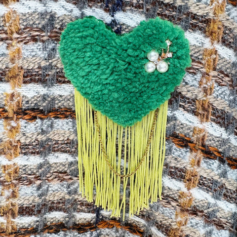 Dora Nola // Hand Tufted Brooch Green/Chartreuse Tassle Pearl Flower with Chain