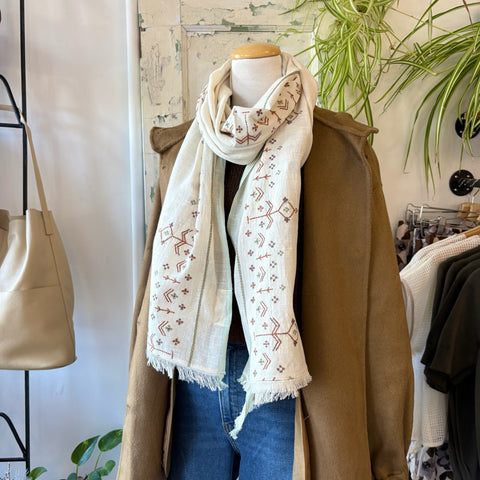 Indi & Cold // Embroidered Boho Scarf Ecru