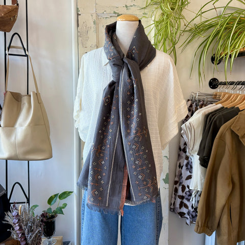 Indi & Cold // Embroidered Boho Scarf Carbon