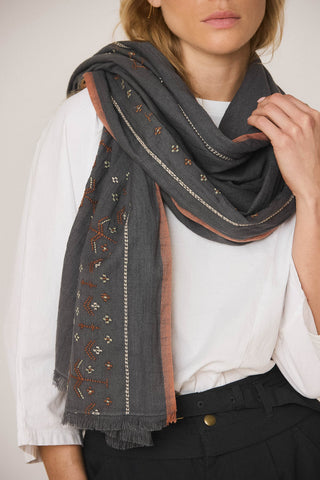 Indi & Cold // Embroidered Boho Scarf Carbon