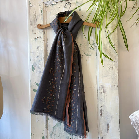 Indi & Cold // Embroidered Boho Scarf Carbon