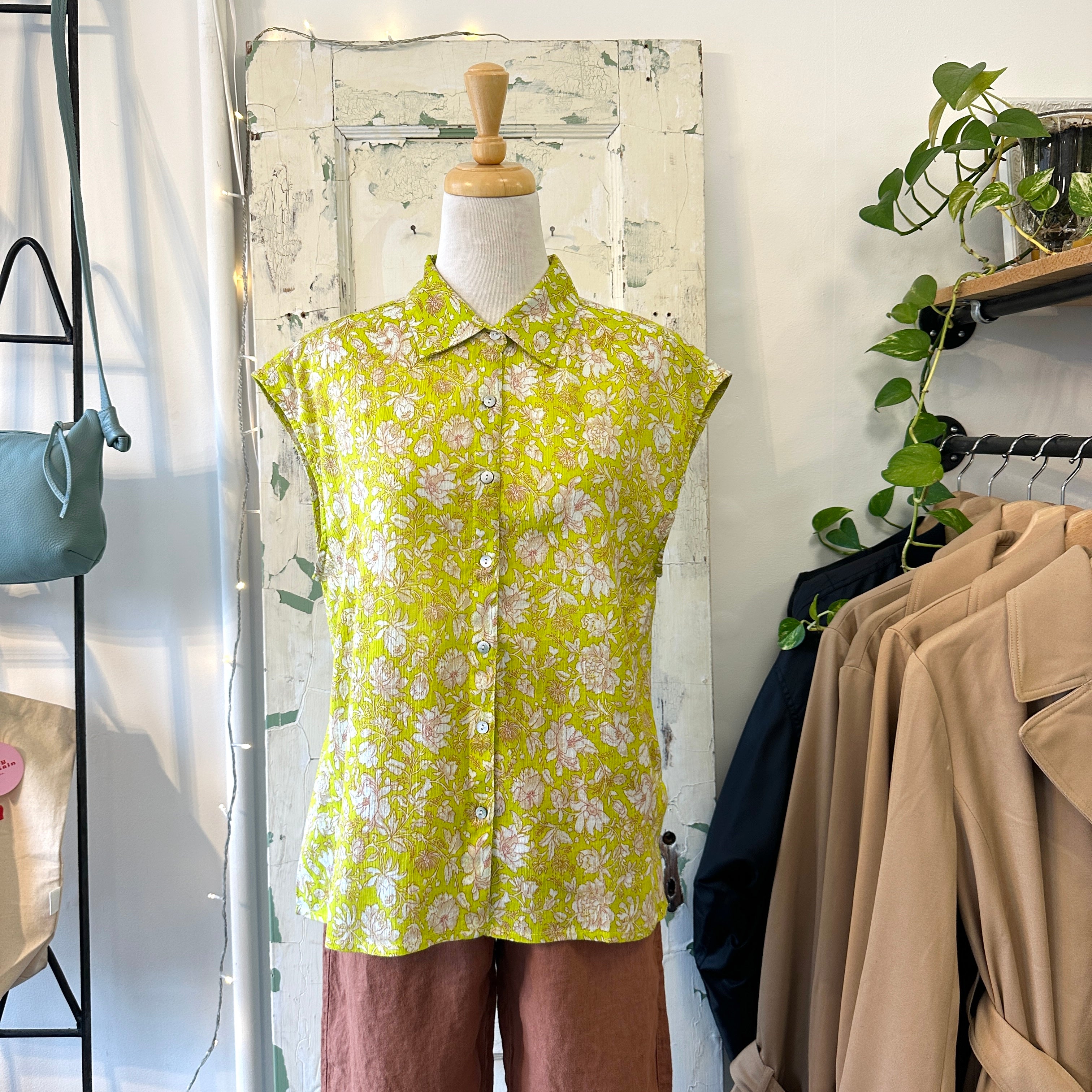 Indi & Cold // Lime Floral Print Button-Up Blouse