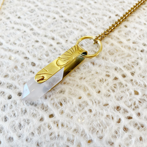 Souvenir // Brass Long Suspended Rose Quartz Necklace