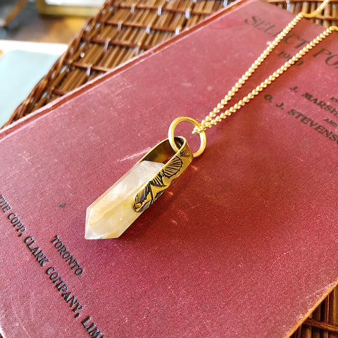 Souvenir // Brass Long Suspended Rose Quartz Necklace