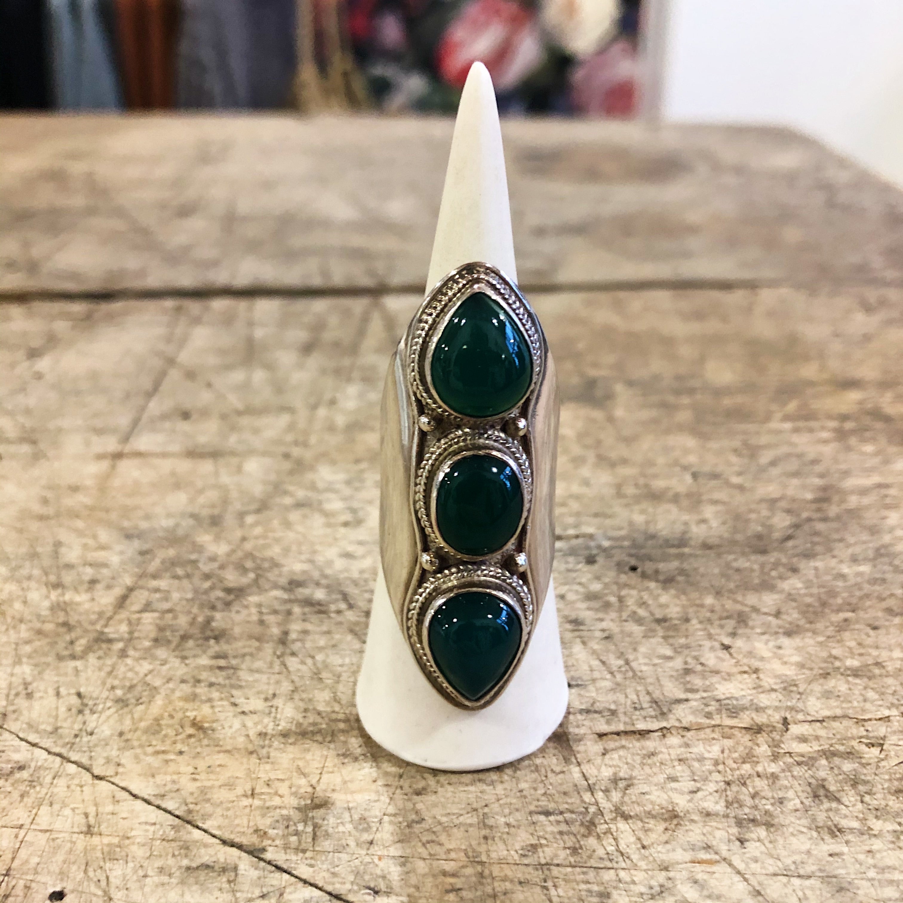 Kailas // Sterling Silver 3 Stone Green Onyx Ring