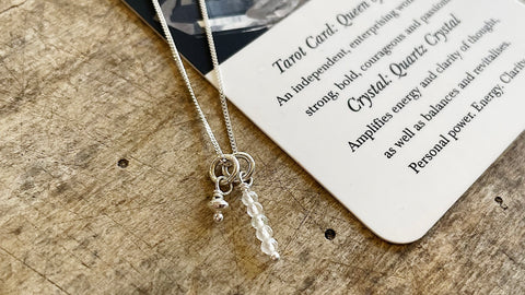 Three of Cups // Queen Of Wands/Rods Tarot Necklace Clear Quartz Crystal and Sterling Silver