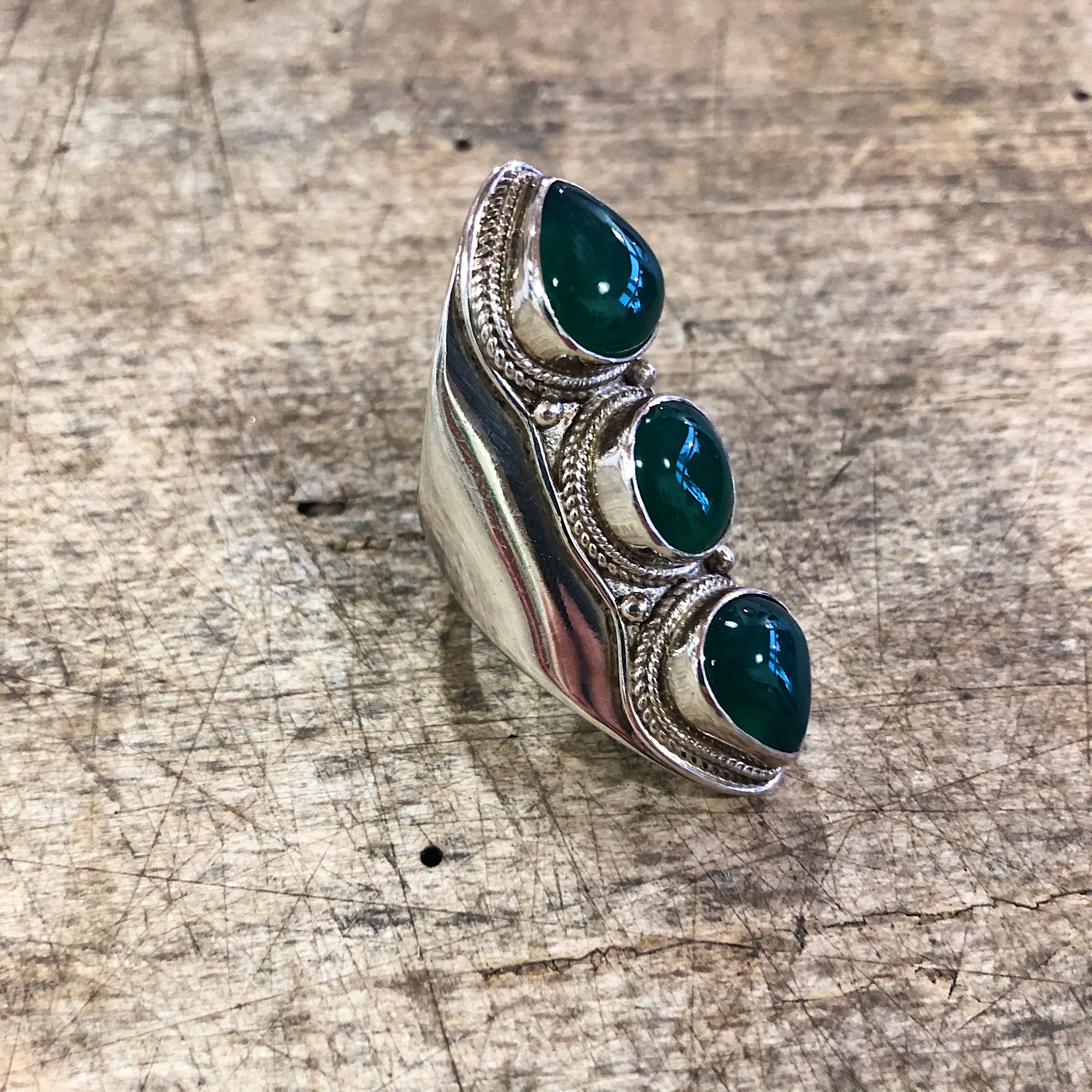 Kailas // Sterling Silver 3 Stone Green Onyx Ring