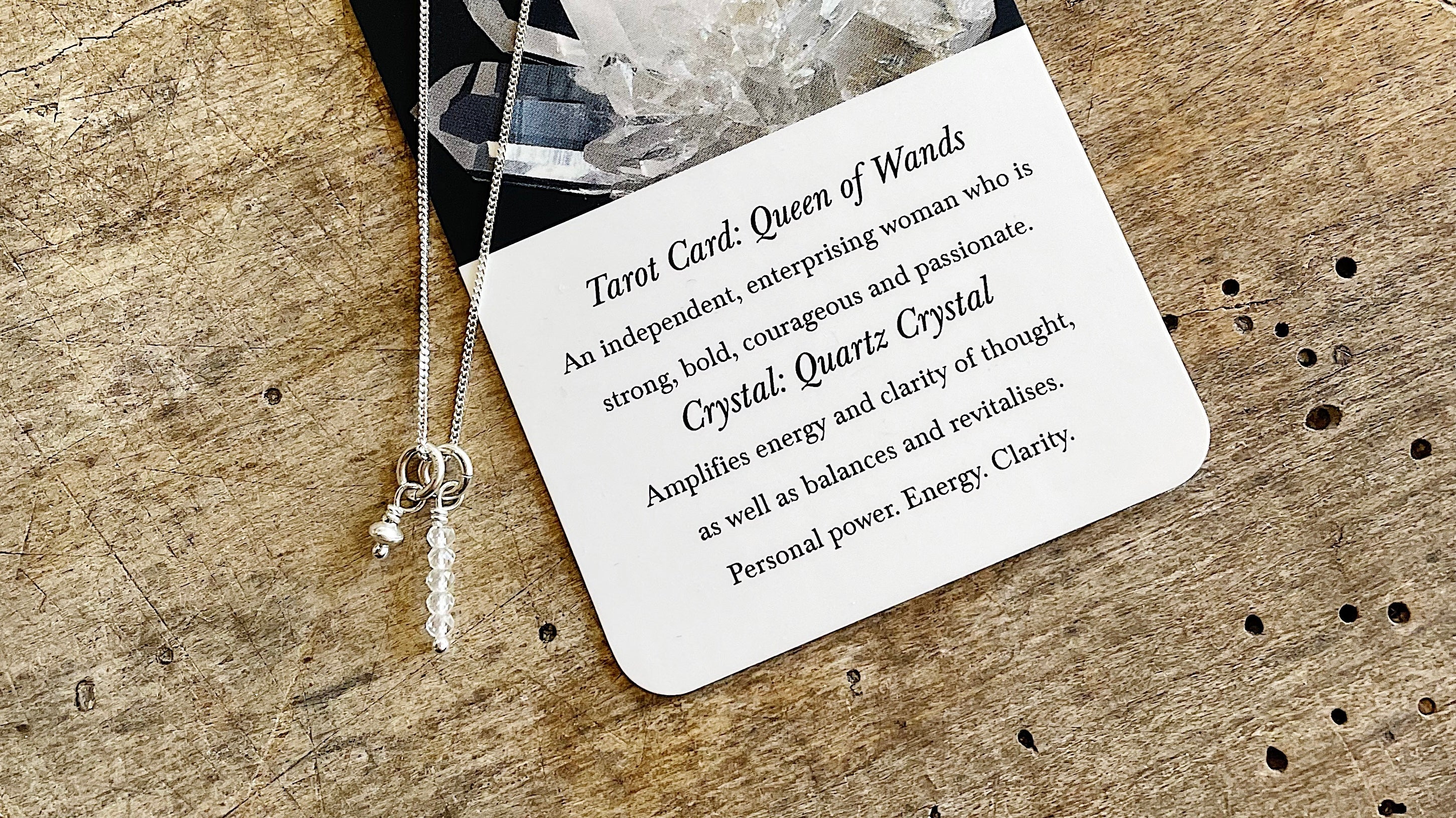 Three of Cups // Queen Of Wands/Rods Tarot Necklace Clear Quartz Crystal and Sterling Silver